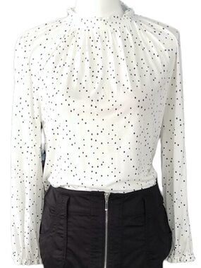 LOFT Petites Polka Dot Ruffle Neck Blouse Ivory Black NWT SP